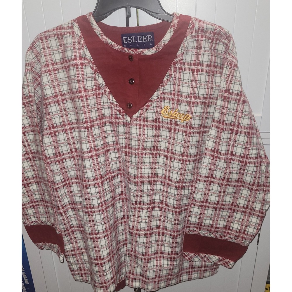 Esleep 90s vintage Pajama Set Red Plaid Long Sleeve Top‎ Bottoms Large Flannel